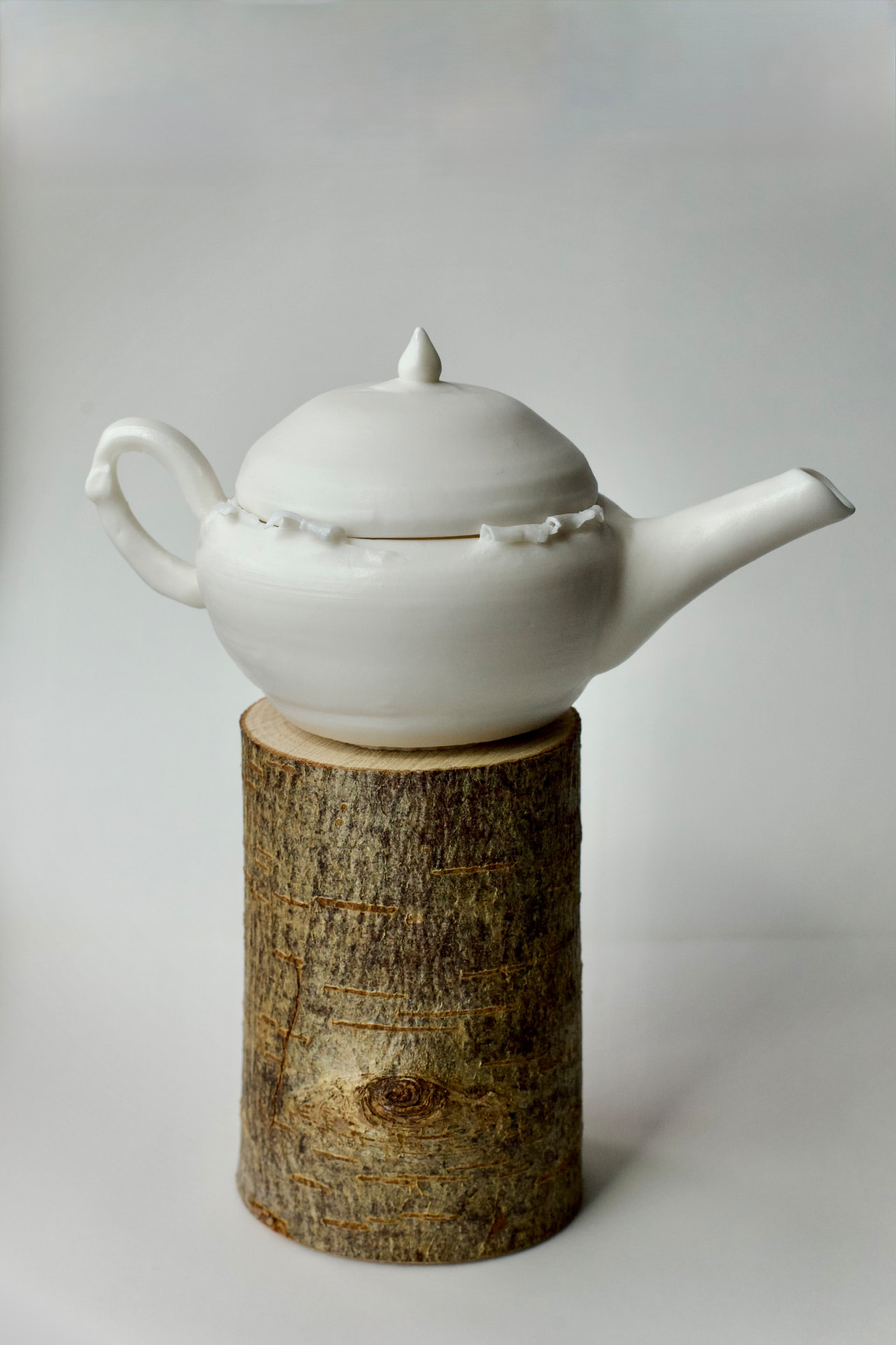 White porcelain teapot with a sculpted handle on a birch log